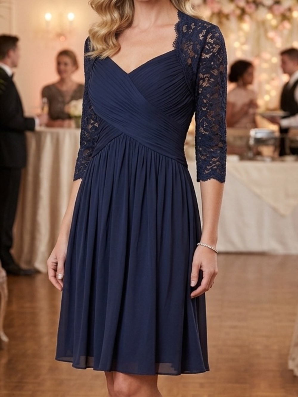 Vintage Adrianna Papell Navy Lace Sleeve V-Neck Midi Dress
